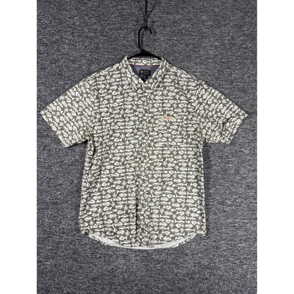 Aruba Island Life Mens XL Short Sleeve Fish Print Button Down Shirt Olive‎ Green